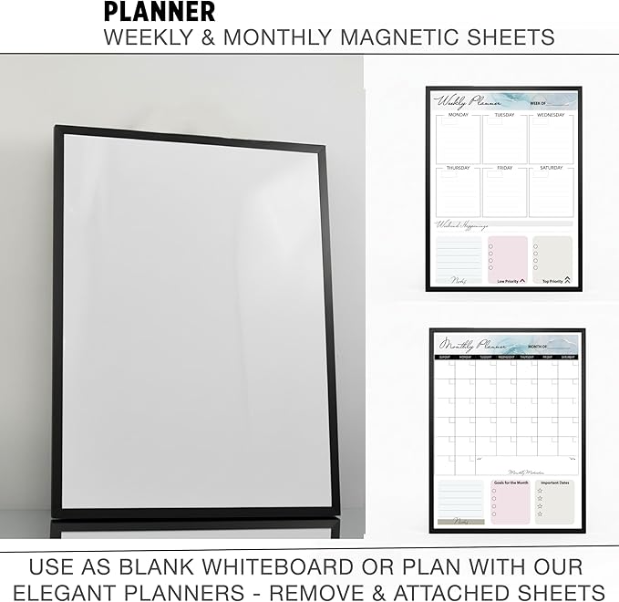 Magnetic Dry Erase Board 12x16 with Foldable Stand, Portable Black Desktop Whiteboard for Home, Office, School & Kitchen, Includes Weekly & Monthly Magnetic Planner Sheets