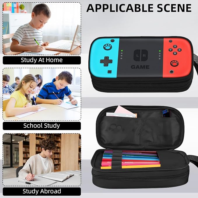 Gamer Pencil Case for Boys, Large Boys Pencil Pouch for Kids Teens School, Big Capacity Pen Box Pen Bag Organizer with 2 Compartments & Zipper
