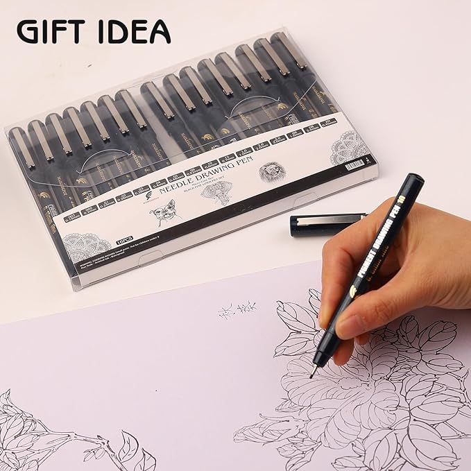 16 Pack Micro Fineliner Drawing Pens - Waterproof Black Ink, Assorted Tip Sizes for Sketching, Manga, Anime, Comic, Art Writing, Journaling & Architectural Design