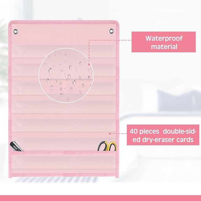 4 Pcs Magnetic Pocket Chart Standard Classroom with 40 Pcs Dry Erase Cards for Daily Schedule Class Demonstrations Office Home Activities(Pink)