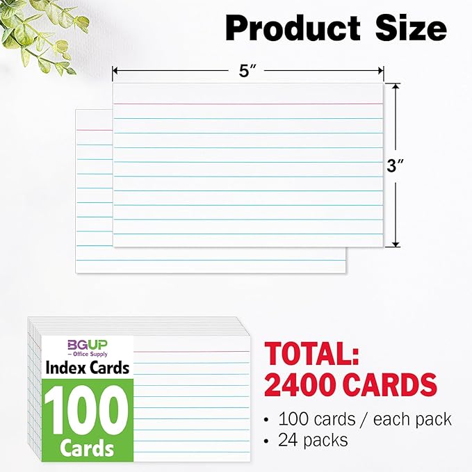 2400 PCS Index Cards Bulk, 3x5 Flash Cards for Studying, White Notecards Lined, Ruled Index Cards for School, Home and Office, 100 Per Pack, (24 Pack)