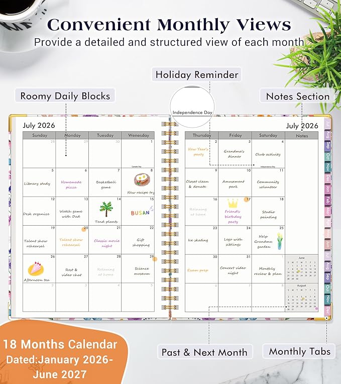 Academic Planner 2026-2027, 18 Months Weekly and Monthly Hardcover Planner, July 2026 - December 2027, 8.5" x 11" A4 Large Daily Calendar Planner Book with Tabs, Spiral College School Agenda Organizer for Student Teacher, Floral Purple