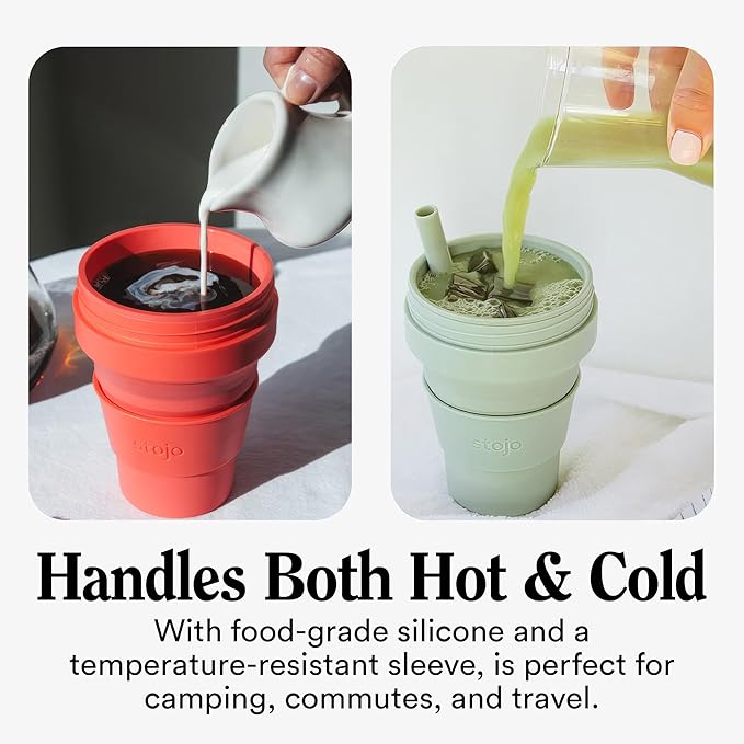 STOJO Collapsible Travel Cup - Reusable To-Go Pocket Size Silicone Bottle for Hot and Cold Drinks - Perfect for Camping - Microwave & Dishwasher Safe (Carbon Gray, 16, ounces)