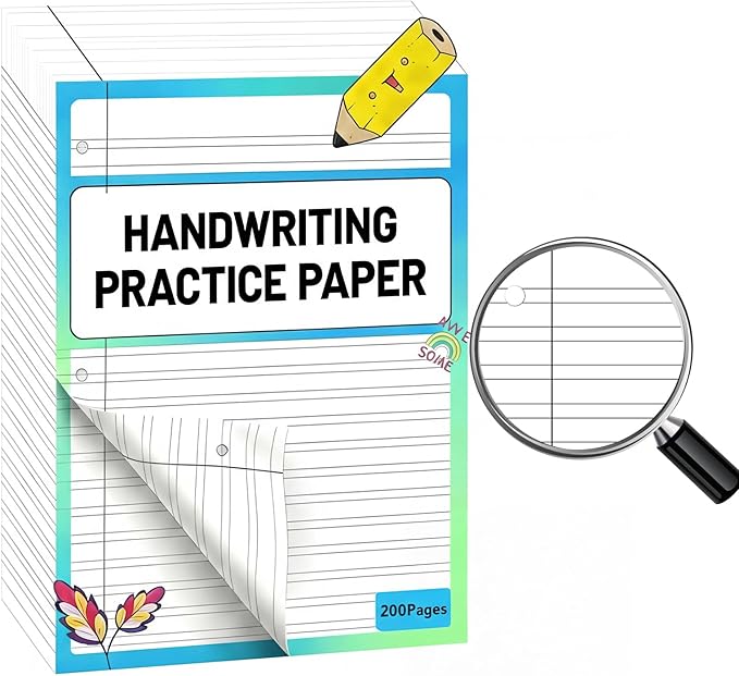 200 Sheets Handwriting Practice Lined Paper 8.5 x 11" Double Lined Notebook Paper Loose Leaf Exercises Composition for 3 Ring Binder for Kids Kindergarten Adult Writing