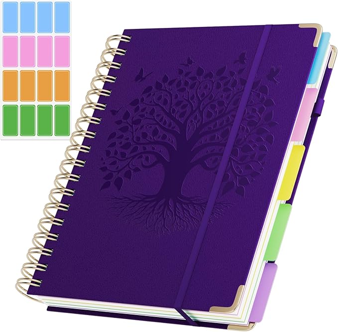 QIYVLOS Hardcover Spiral Notebook, B5 Journal with Removable Dividers Tabs, 5 Subject Notebook College Ruled, 320 Pages 8"x10" Leather Notebooks for Work School Study, Lined Journal for Women, Purple