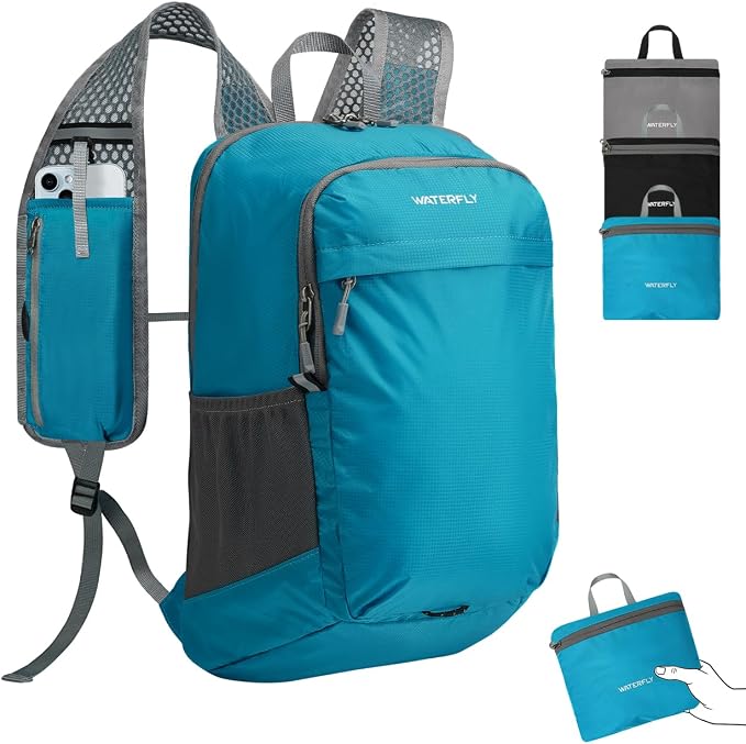 WATERFLY Small Packable Travel Backpack: 15L Lightweight Hiking Daypack | 0.59 lb,Water-Resistant Nylon,Breathable Straps,Reflective Strips,Phone Pocket,Multi-Pockets,Hiking,Cycling,Commute,Men Women