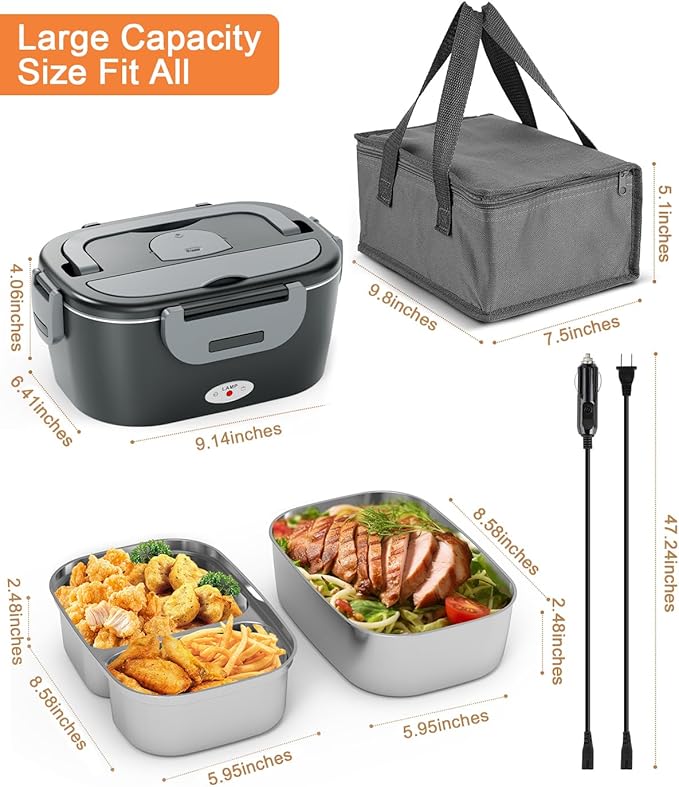 Geveniss Electric Lunch Box for Men, Women & Adults - 80W Fast Heating - Heated Lunch Box with Dual 1.5L SS Containers - Portable Food Warmer for Car, Truck, Office