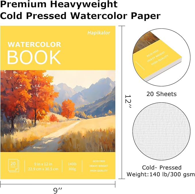 Watercolor Paper Pad 9x12, 140lb/300gsm Cold Press Drawing Paper, 20 Sheets Acid-Free Artist Sketchbook for Wet Media, Gouache & Acrylic, Double Sided Painting Paper (Yellow Cover)