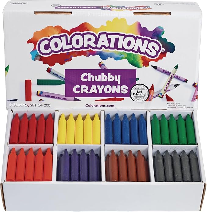 Colorations Chubby Crayons for Kids, Set of 200 - Rainbow - Classroom Supplies - 2.68" L by .56" Dia Each) - Toddlers, Bulk, Washable, Non-Toxic, Jumbo