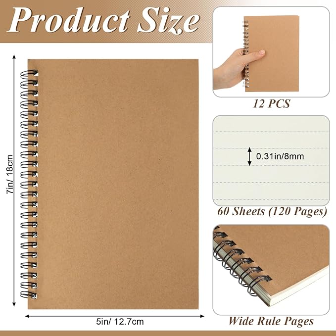 Leelosp 12 Pcs Small Spiral Notebook Lined Spiral Journal College Ruled Notebook Wire Bound Kraft Cover, 120 Pages for Work (Brown,5 x 7 Inch)