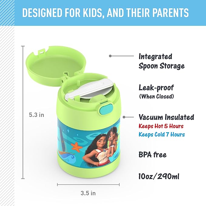 THERMOS FUNTAINER Insulated Food Jar, 10 Ounce, Kid Friendly Food Jar with Foldable Spoon, Moana