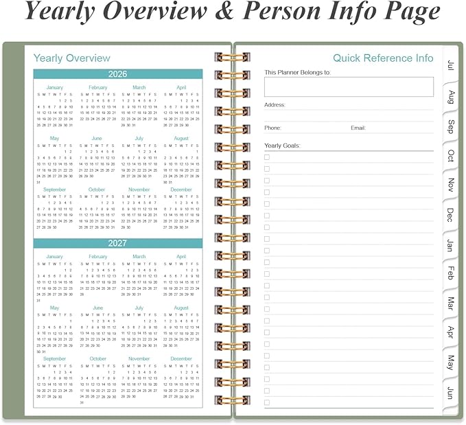 2026-2027 Pocket Planner/Calendar - 2026-2027 Planner from July 2026 - June 2027, Planner 26-27 with 12 Tabs, Twin-Wire Binding, Inner Pocket, 3.75" x 6.75, Green