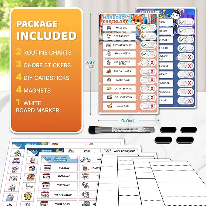 2 in 1 Upgraded Slider Bedtime/Morning Routine Chart for Kids Toddlers, Dry Erase Chore Chart for 2 Kids, Magnetic Visual Schedule for Kid