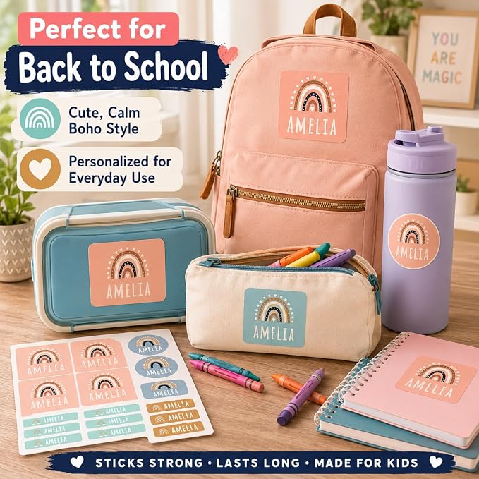 Andaz Press Custom Personalized Waterproof School Name Labels Boho Rainbow, 120-Pack Kids Labels Combo Pack Customizable Multi-Use Name Stickers Personalized School Supplies Camp Stickers Daycare