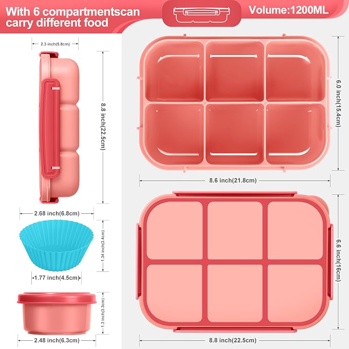 Amathley Lunch Box Kids Girls Boys,Bento Box Adult,Toddler Lunch Containers for School,Leakproof Snack Containers with 6 Compartments,Sauce Container,10 Food Picks and 4 Muffin Cups (Pink)