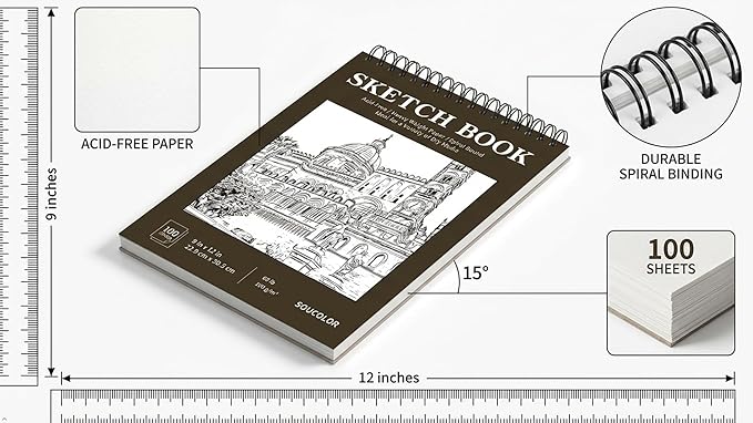 Soucolor 9" x 12" Sketch Book,Top Spiral Sketch Pad,100 Sheets 68lb Acid-Free Drawing Paper for Pencil Sketching Doodling, Art Supplies Journal for Kids Adults Artists
