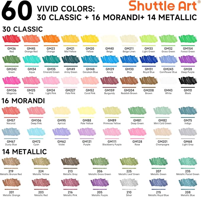 Shuttle Art 60 Colors Dual Tip Acrylic Paint Markers, Brush Tip and Fine Tip Acrylic Paint Pens for Rock, Ceramic, Wood, Canvas, Plastic, Glass, Stone, Calligraphy, Card Making, DIY Crafts