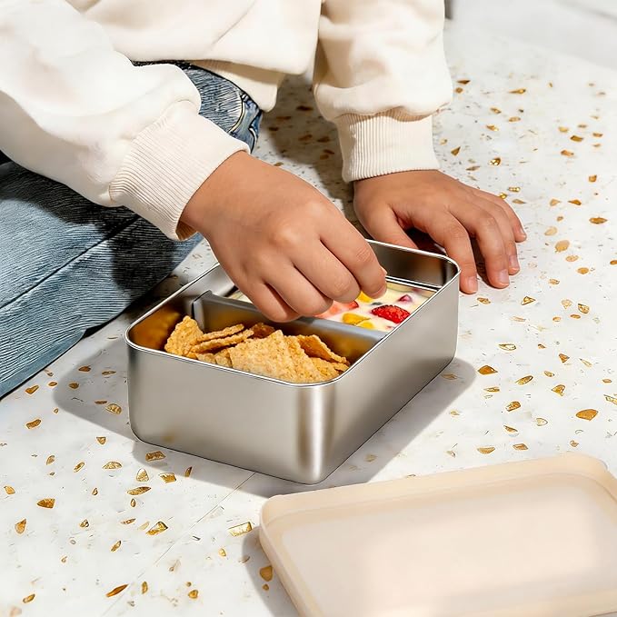 Stainless Steel Bento Box, 33oz Leak-proof Metal Lunch Box Container with Silicone Lid, Microwave-Safe, with Divider, Lunch Food Meal Prep Snack Container for School Work