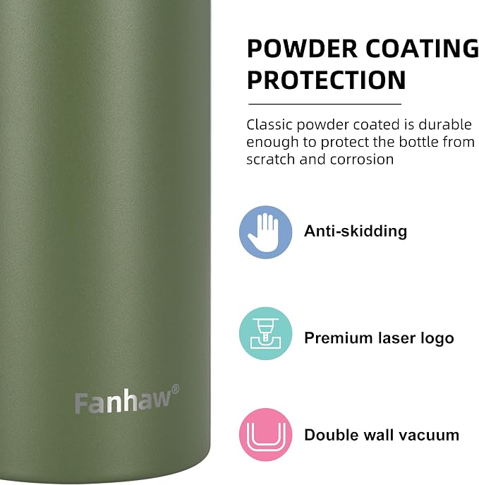 Fanhaw 24 Oz Kids Insulated Stainless Steel Water Bottle with Straw Lid, Leakproof & Anti-Dust Everyday Use Bottle for School, Women & Men, Back to School Essentials (Olive Green)