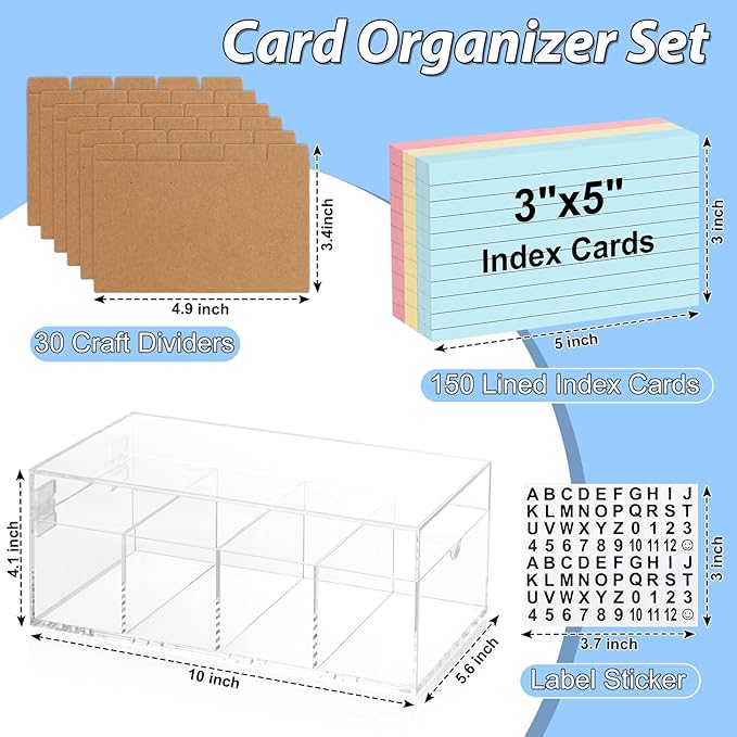 3 x 5 Inch Acrylic Index Card Holder Clear Index Card Box Note Card Organizer with 150 Ruled Lined Index Cards 30 Kraft Dividers A-Z Stickers 4 Divider for Holds 600 Cards Tabs Note Recipe Cards
