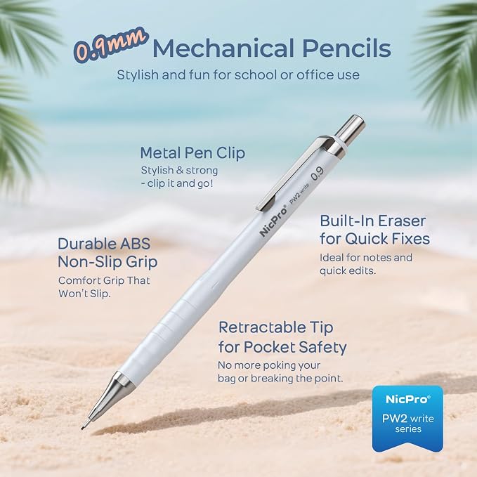 Nicpro Cute Mechanical Pencil Set, 4PCS 0.9mm Pastel Drafting Pencils | 4 Tube HB Lead Refills, 4B Erasers, Rotary Retractable Eraser and Eraser Refill for Writing Sketching Back to School Supplies