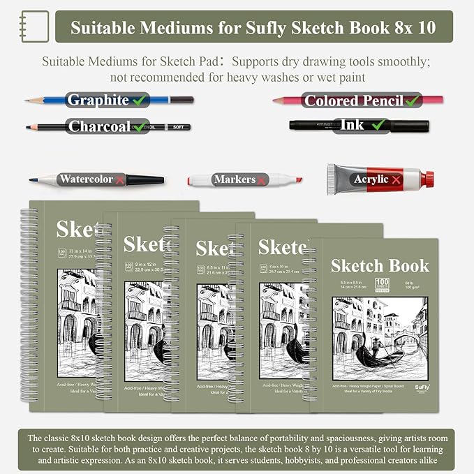 SuFly Spiral Bound Sketchbook 8x10, 100 Sheets Hardcover Sketch Books, 68lb/100gsm Sketch Paper, Sketch Pads for Drawing for Adults, Sketchbook for Art Class & School.