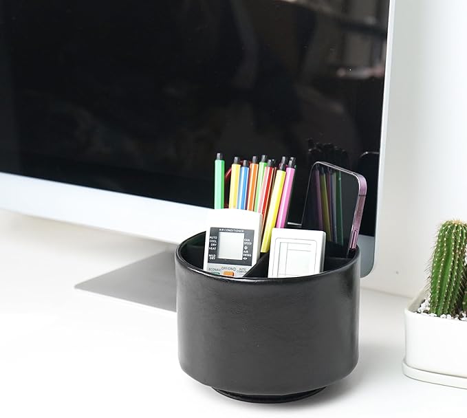 Round Leather Art Supply Organizer,Remote Control Holder,360 Degree Spinning,Multi-Functional Pencil Holder,4 Compartments Desktop Stationary Organizer(1-Oil Black)