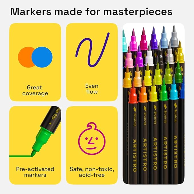ARTISTRO 20 Dual-Tip Fabric Markers - Fabric Decorating Kit - Permanent for Clothes - No Bleed Pens for T-Shirts, Bags, Textile, Canvas, and More (Brush Tip and Fine Tip)