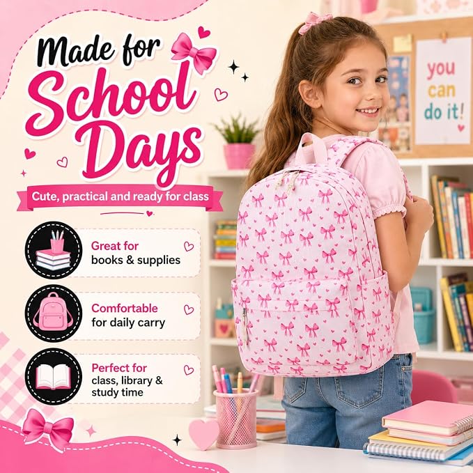 LOIDOU Backpack for Girls School Backpacks Bookbags for Elementary Middle School Women Laptop Backpacks (Bow Tie Pink, L-17)