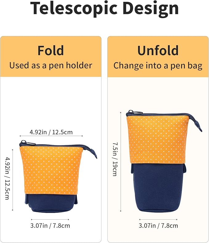 Sooez Standing Pencil Case, Cute Stand up Pencil Pouch, Telescopic Pen Pouch, Portable Pencil Holder, Cute Stand up Pencil Case, Spacious Pencil Pouch Bag for School Office Supplies, Orange