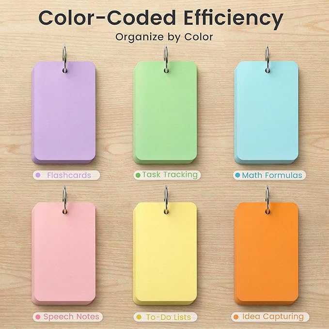 Koogel Index Cards with Ring for Studying, 480 PCS, 3x5 Inch, Colored Flash Cards with Key Ring, Notecard for School College Memory Vocabulary Greeting Memo Home Organization Supplies, 6 Colors