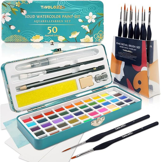 TAVOLOZZA 50 Colors Watercolor Paint Set, Including Metallic & Fluorescent Colors, Travel Watercolor Set with Brushes, Watercolor Paper, Sponge and Accessories, Ideal Art Supplies for Adults Starter Artists