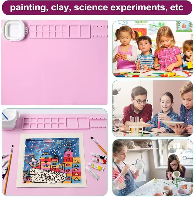 AWOKE Silicone Painting Mat | 20"x16" No-Spill Art Matt for Resin DIY, Beading, with Magnetic Water Cup, 12 Paint Wells & Palettes | Washable Table Protector for Toddlers & Kids Gift (Pink)