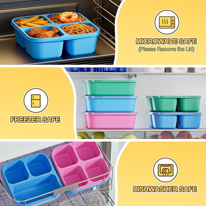 Canfanni 6 Pcs Snack Box Container Set, Reusable 3&4 Compartment Meal Prep Snack Containers for Adults Kids Toddler, BPA-Free Divided Lunchable Container for School, Work and Travel (Transparent Lids)