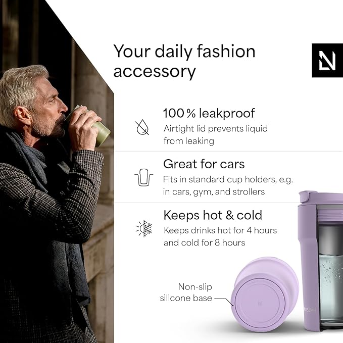LARS NYSØM Thermo Coffee Mug to go 17oz | Travel Mug 0.5 Liter with Insulation | Silicone grip base | Leak Proof Stainless Steel Tumbler for Coffee and Tea on the Go (Powder Purple, 17oz)
