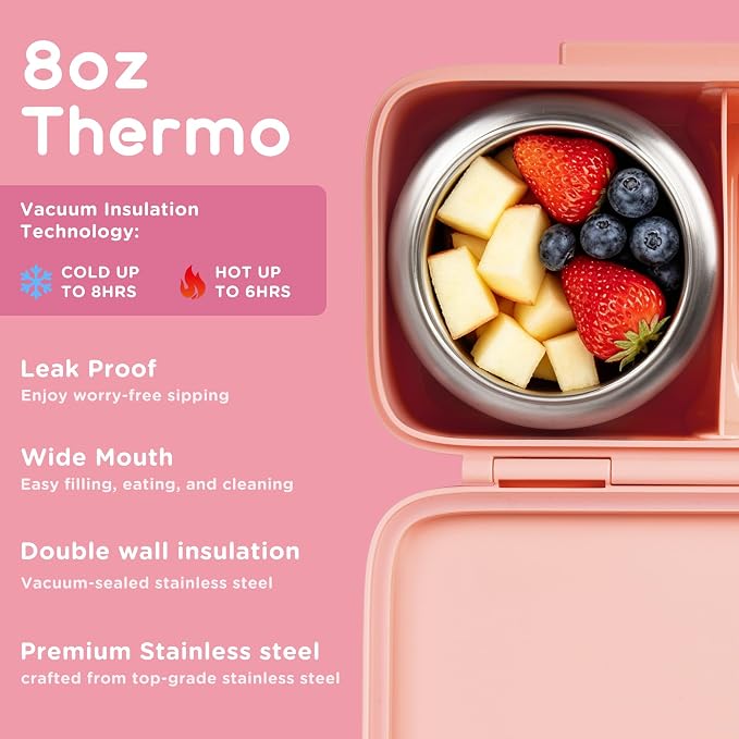 Bento Lunch Box for Kids With 8oz Food Thermo,BPA-Free for School | Lunch Container with 2 Compartments, Insulated Food Jar, Dishwasher Safe, Easy to Clean, Lunch Box for Girls Boys