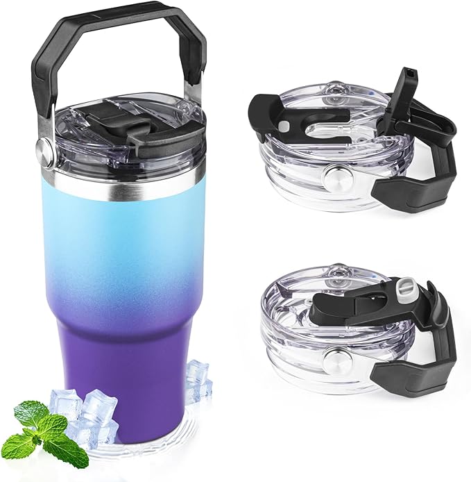 20oz Tumbler with Handle and Flip Straw Lid Double Wall Insulated Travel Coffee Mug Stainless Steel Vacuum Insulated Coffee Tumbler Cup for Hot and Cold Beverages Leak-proof&BPA-free（20oz,Blue Purple）
