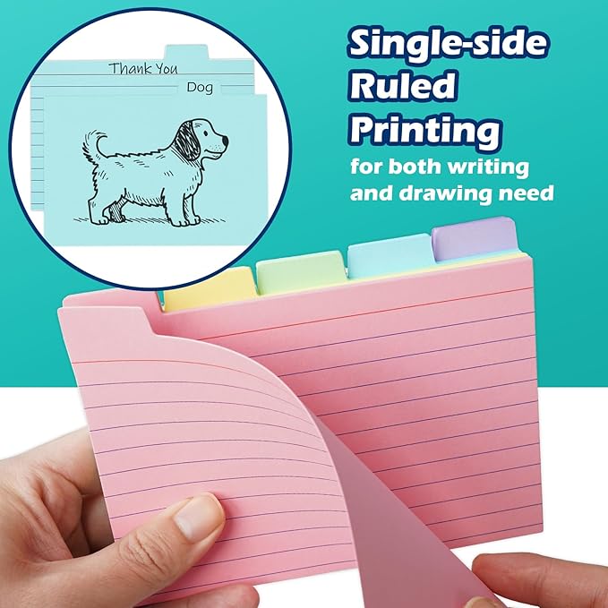 100 Pack Tabbed Index Cards 4x6 Lined Index Card Dividers with Tabs 4" x 6", Colored, 220 GSM Thick Paper