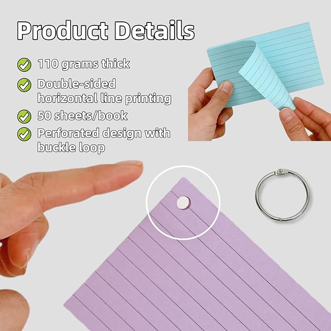 250 Count 3 x 5 Inch Colorful Index Cards, Heavy Duty Neon 250 Sheets Lined Flashcards for Studying, Office & Home Use (Multicolored with Ring B)