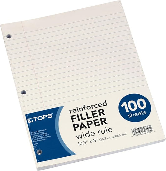 TOPS Reinforced Filler Paper, Wide Rule, 10-1/2 x 8", 100 Sheets, (62356)