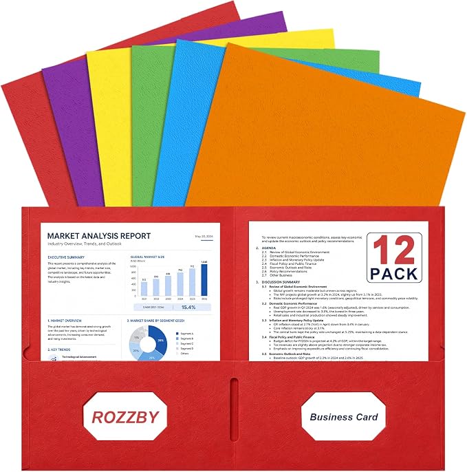 2 Pocket Folders, Paper File Folders with Pockets, Letter Size, 12 Pack | 8.5x11 Paper, Business Card Slot, Black to School Supplies, For Kids, Students, Teachers, Office Organization