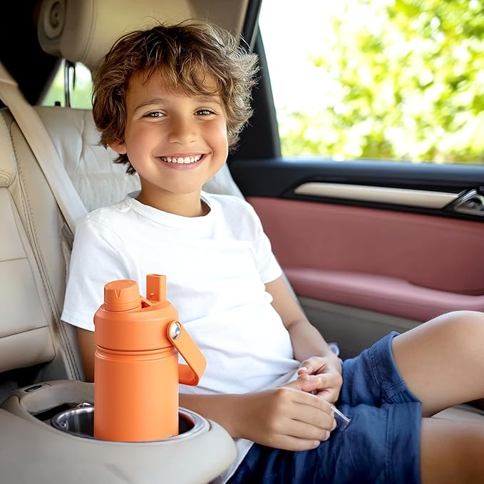 Kids Insualated Water Bottle with Straw,18oz Stainless Steel Water Bottle with Dual Spouts, Leak-Proof,BPA-Free,Double Wall Vacuum Keeps Cold for 24 Hours for Sports,Travel,School (White Hippo Parade)