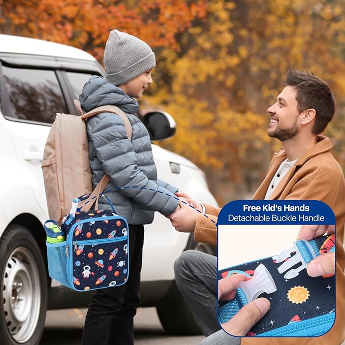 Bagseri Kids Lunch Box for Boys - Insulated Toddler Lunch Bag Fits Bento Box, Reusable Daycare Cooler Tote with Clip Handle, Water-Resistant Lining, Navy Space