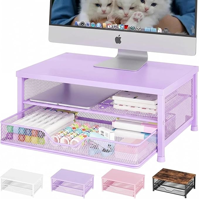 OPNICE Computer Monitor Stand Riser, Desk Organizer with Drawer, Printer & Laptop Stand, Office Desk Accessories & Workspace Desktop Organizers Storage for Office Supplies(Purple)