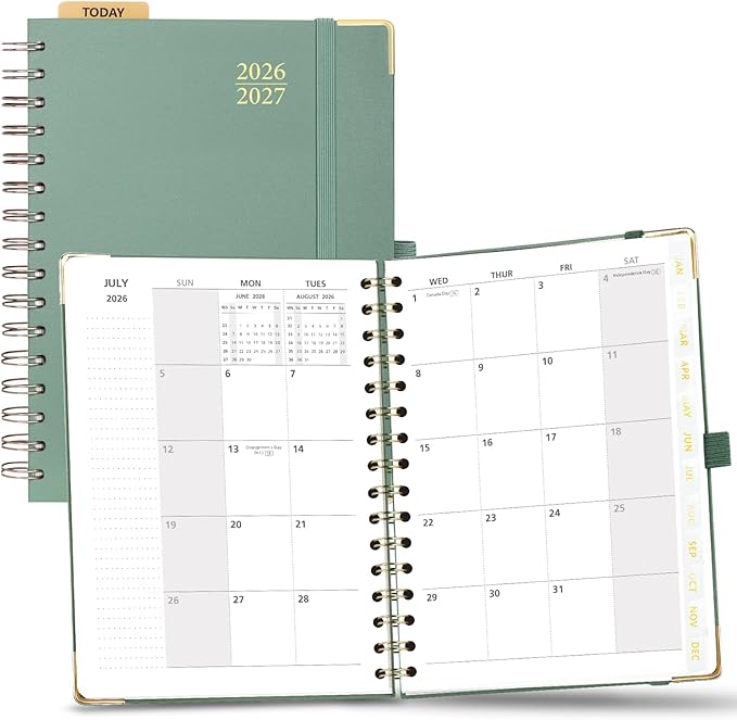 POPRUN Monthly Planner 2026-2027 Spiral Hardcover (6.25'' x 8.5''), 18 Months Calendar (Jan.2026-Jun.2027) - 2 Pages per Month with Dotted Note Pages, Sunday Start, Laminated Tab - Midnight Green