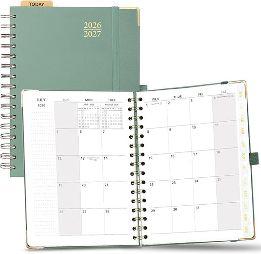 POPRUN Monthly Planner 2026-2027 Spiral Hardcover (6.25'' x 8.5''), 18 Months Calendar (Jan.2026-Jun.2027) - 2 Pages per Month with Dotted Note Pages, Sunday Start, Laminated Tab - Midnight Green