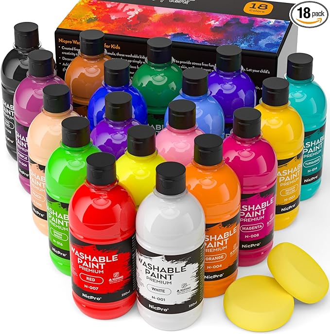 Nicpro 18 Colors Large Washable Paint Set for Kid (8.45oz), Acrylic Bulk Paint Supplies Non Toxic Tempera Paint for Art, Craft DIY, Poster & Finger Paint, School, Home, Teacher Classroom Must Haves