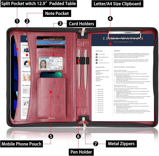 Darolin Vegan Leather Padfolio Portfolio with Handle & Clipboard, Zippered Business Portfolio Organizer for Meetings, Interviews & Travel, Fits A4 & Letter Size, Padfolio for Men Women (Redwine)