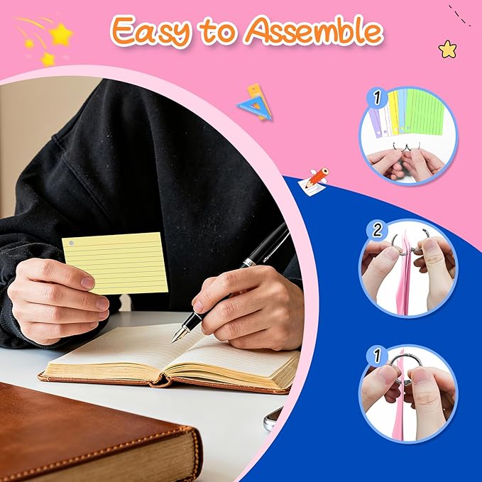 250 Count Colored 3 x 5 Inch Index Cards with Ring, Ruled Flash Cards for Office Use, Portable Note Cards for Study, Thick Flashcards for Home and School