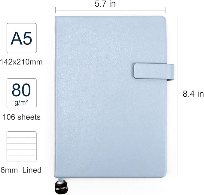 A5 Hard Cover Notebook with Pen Holder, Gold Edges & 180° Lay Flat - Large 5.7x8.4 Lined, Bookmark, Gift Box - Durable Journal for Office, Study, Travel - Writers, Students (Light Blue)